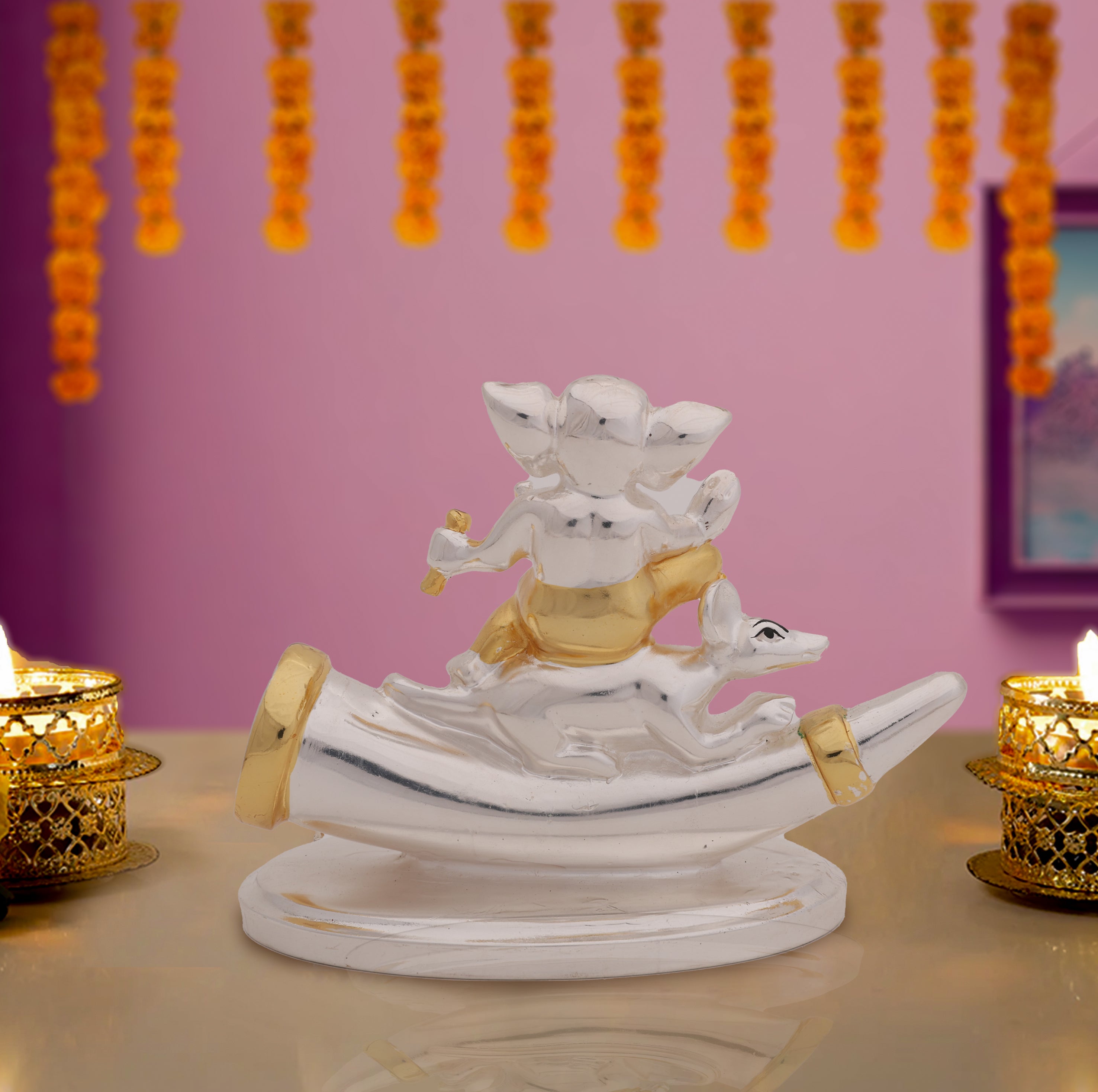 Lord Ganesha Idol with Elephant Tusk Motif– 24 Carat Gold & Silver Electroplated | Makerz & Marvelz