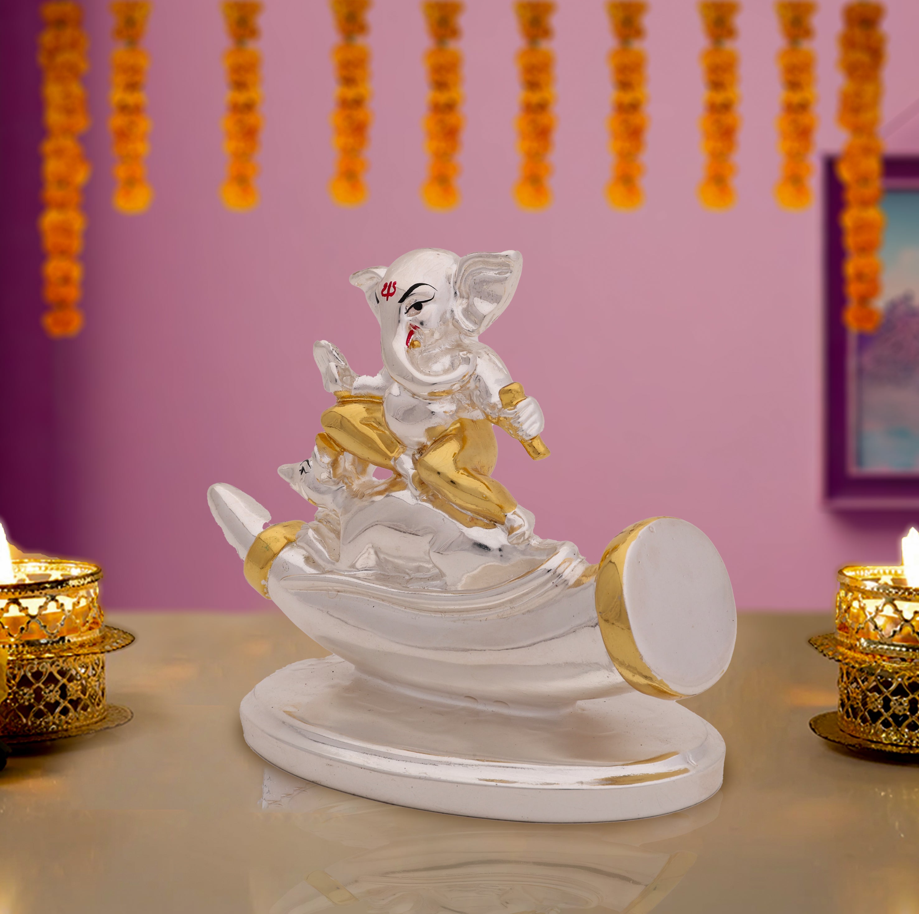 Lord Ganesha Idol with Elephant Tusk Motif– 24 Carat Gold & Silver Electroplated | Makerz & Marvelz