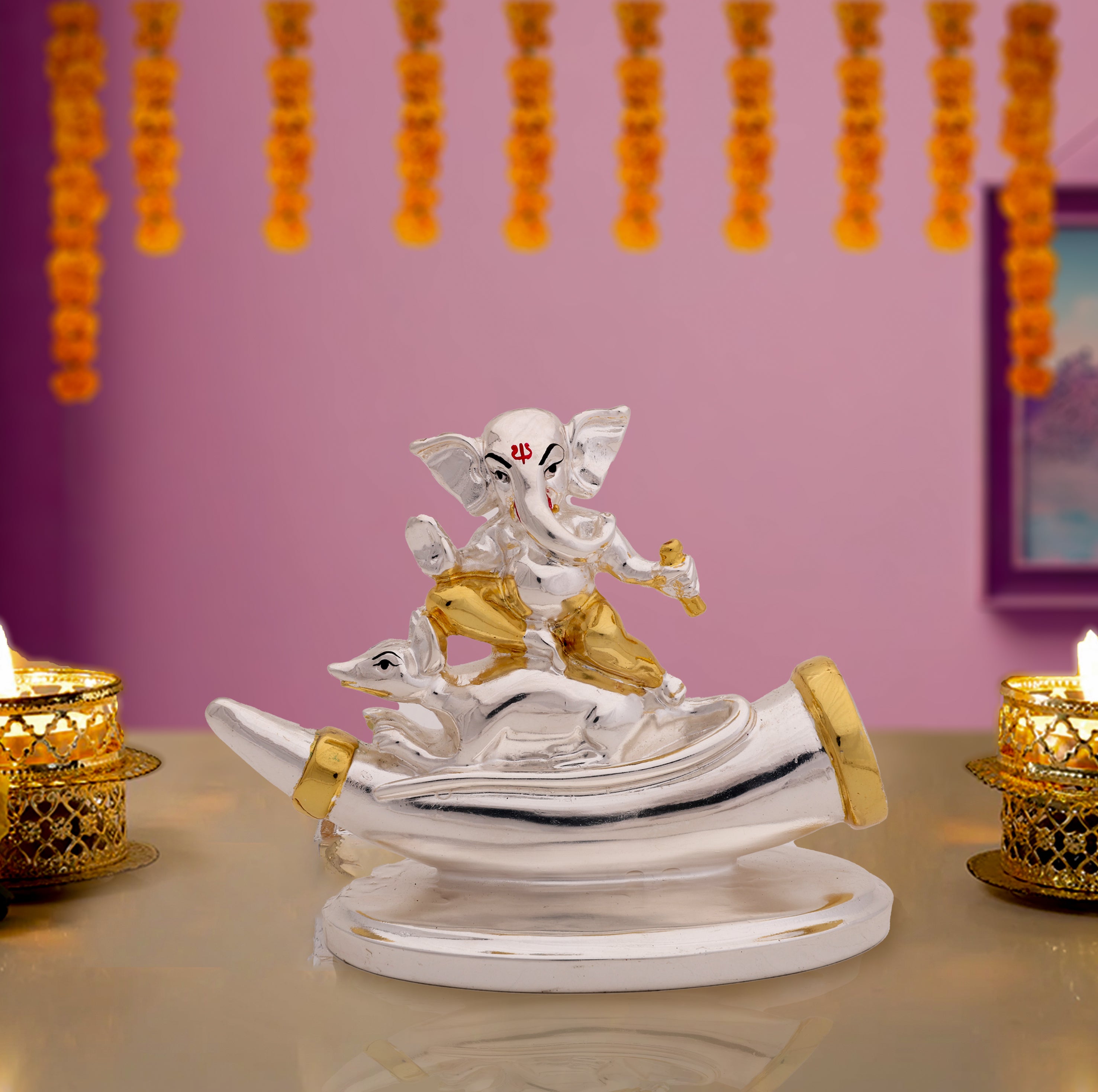 Lord Ganesha Idol with Elephant Tusk Motif– 24 Carat Gold & Silver Electroplated | Makerz & Marvelz