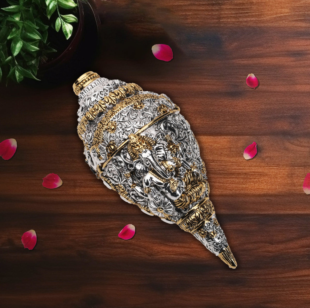 German Silver Shankh with Lord Ganesha Carving – 24 Carat Gold & Silver Electroplated | Makerz & Marvelz