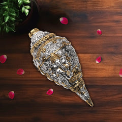 German Silver Shankh with Lord Ganesha Carving – 24 Carat Gold & Silver Electroplated | Makerz & Marvelz