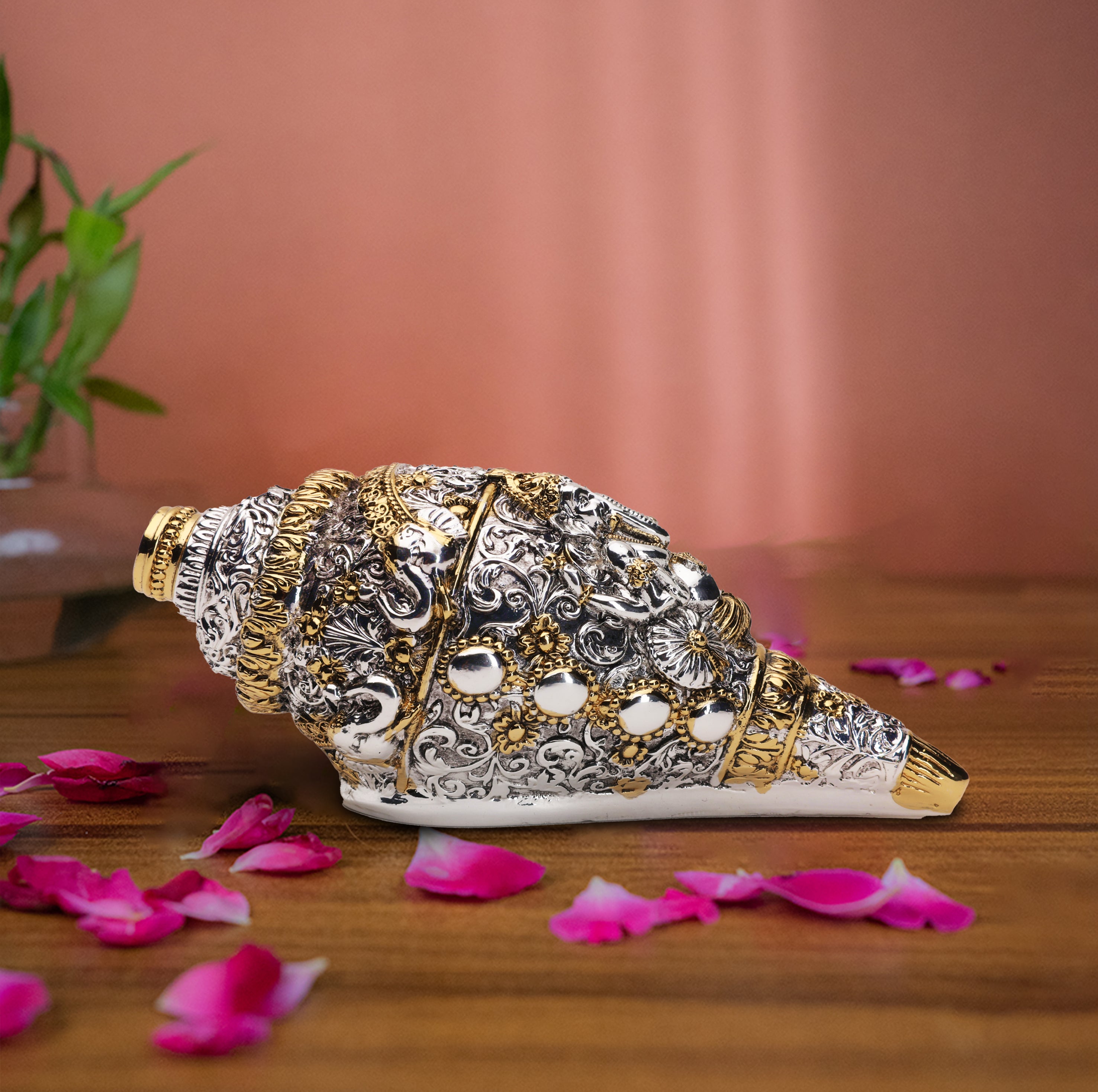 German Silver Shankh with Lord Ganesha Carving – 24 Carat Gold & Silver Electroplated | Makerz & Marvelz