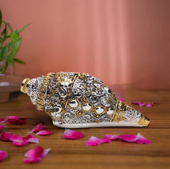 German Silver Shankh with Lord Ganesha Carving – 24 Carat Gold & Silver Electroplated | Makerz & Marvelz