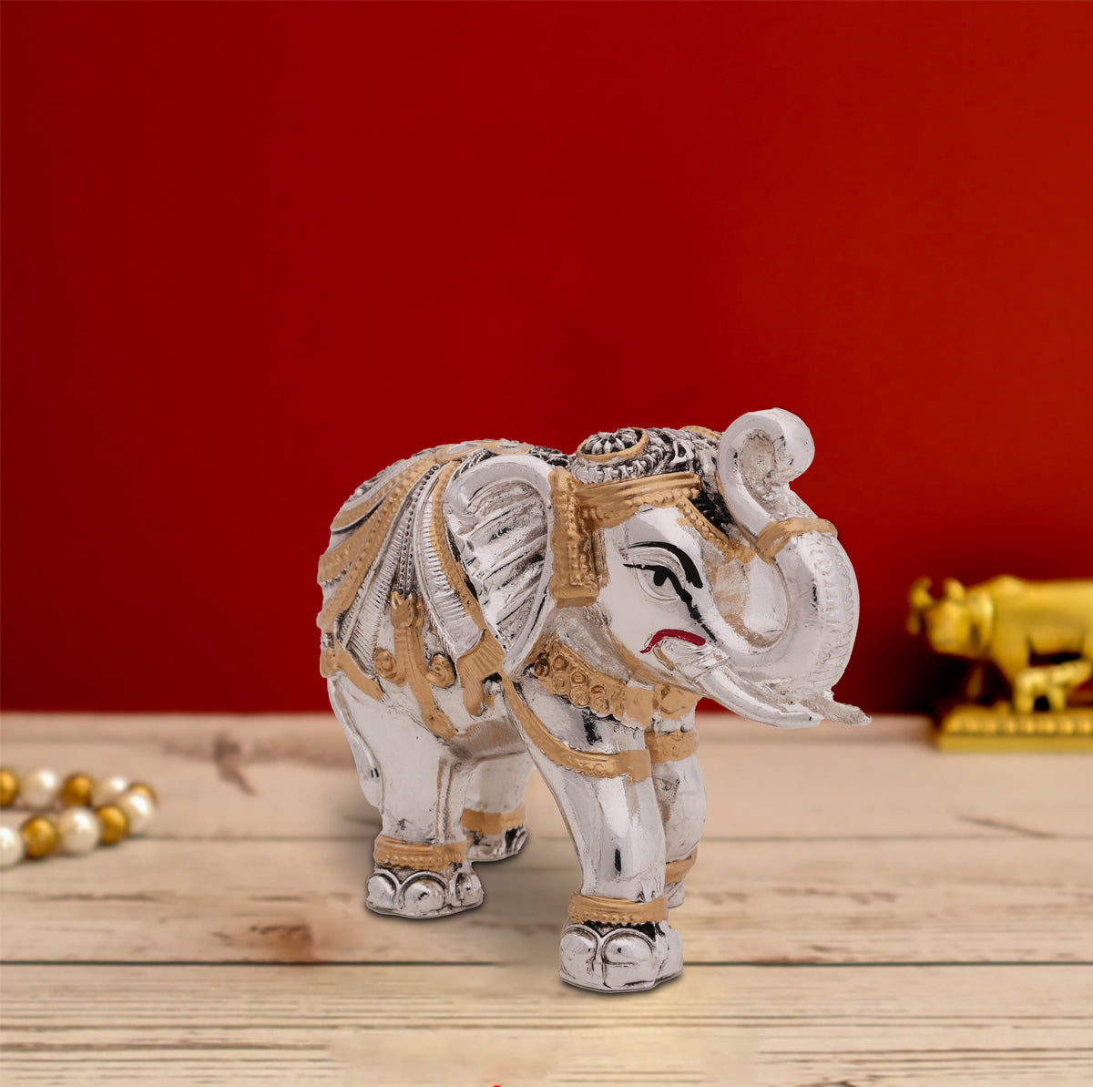 Vastu Trunk Up Elephant Idol – Antique Finish with 24 Carat Gold & Silver Electroplating