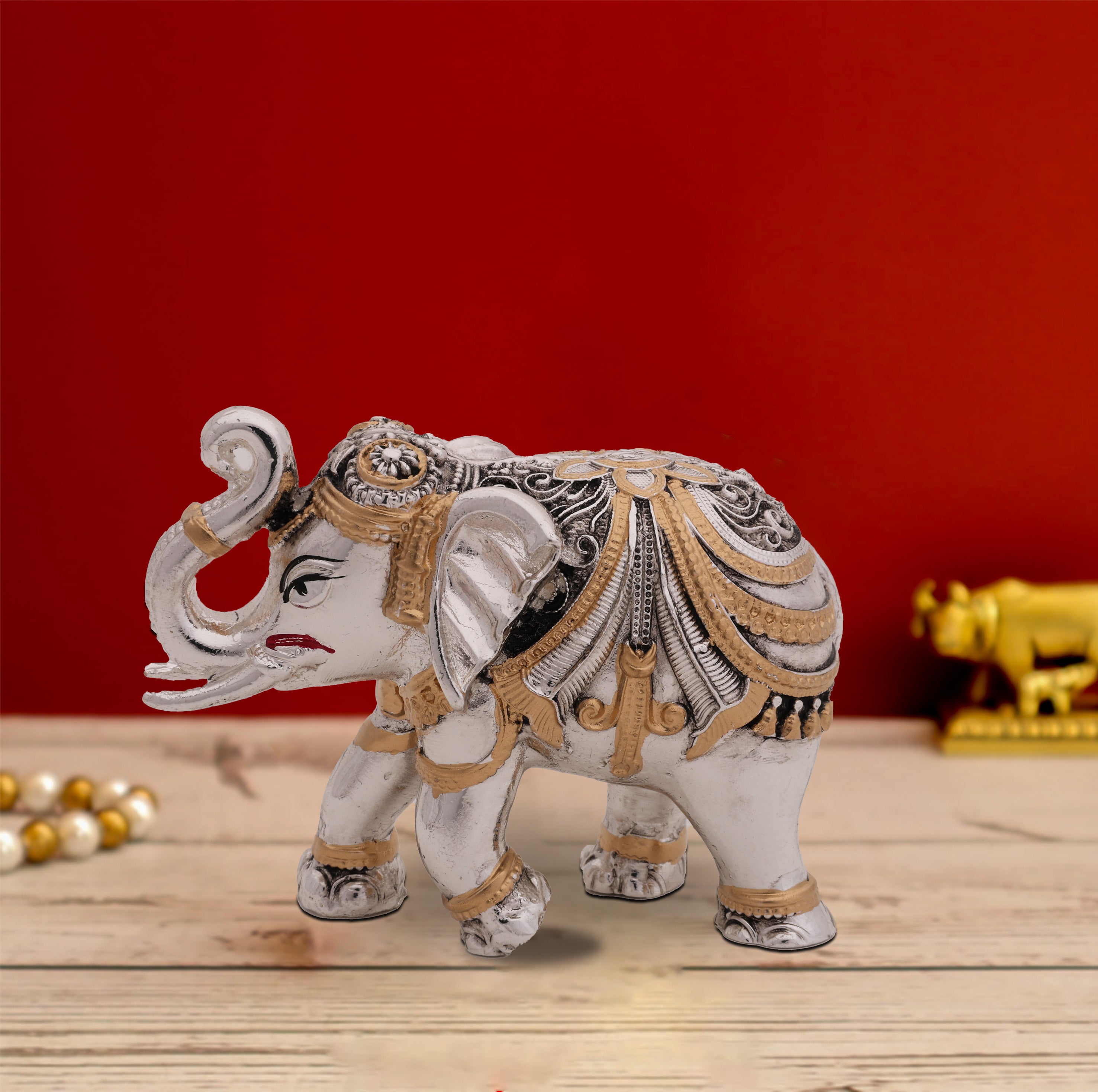 Vastu Trunk Up Elephant Idol – Antique Finish with 24 Carat Gold & Silver Electroplating