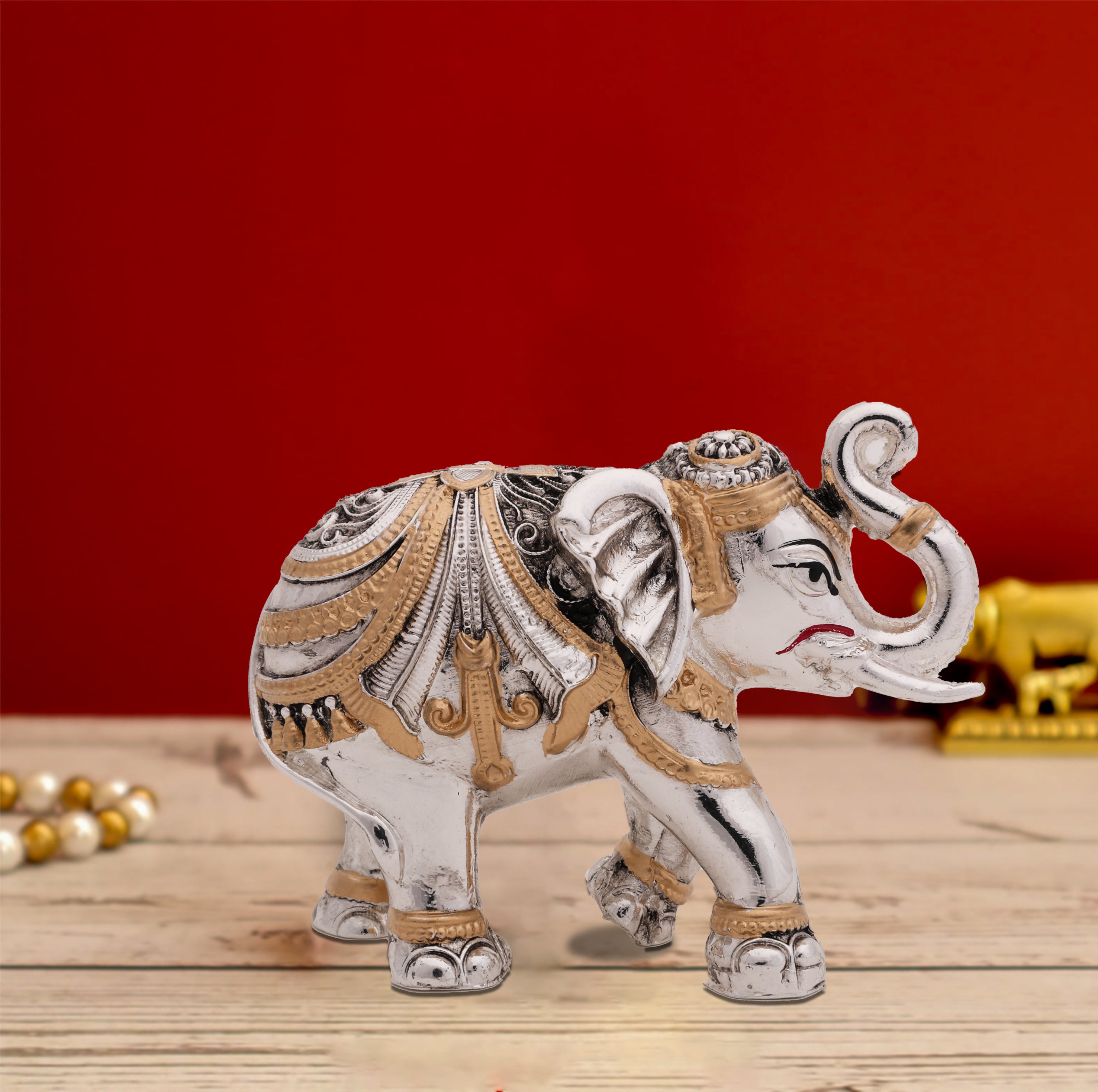 Vastu Trunk Up Elephant Idol – Antique Finish with 24 Carat Gold & Silver Electroplating