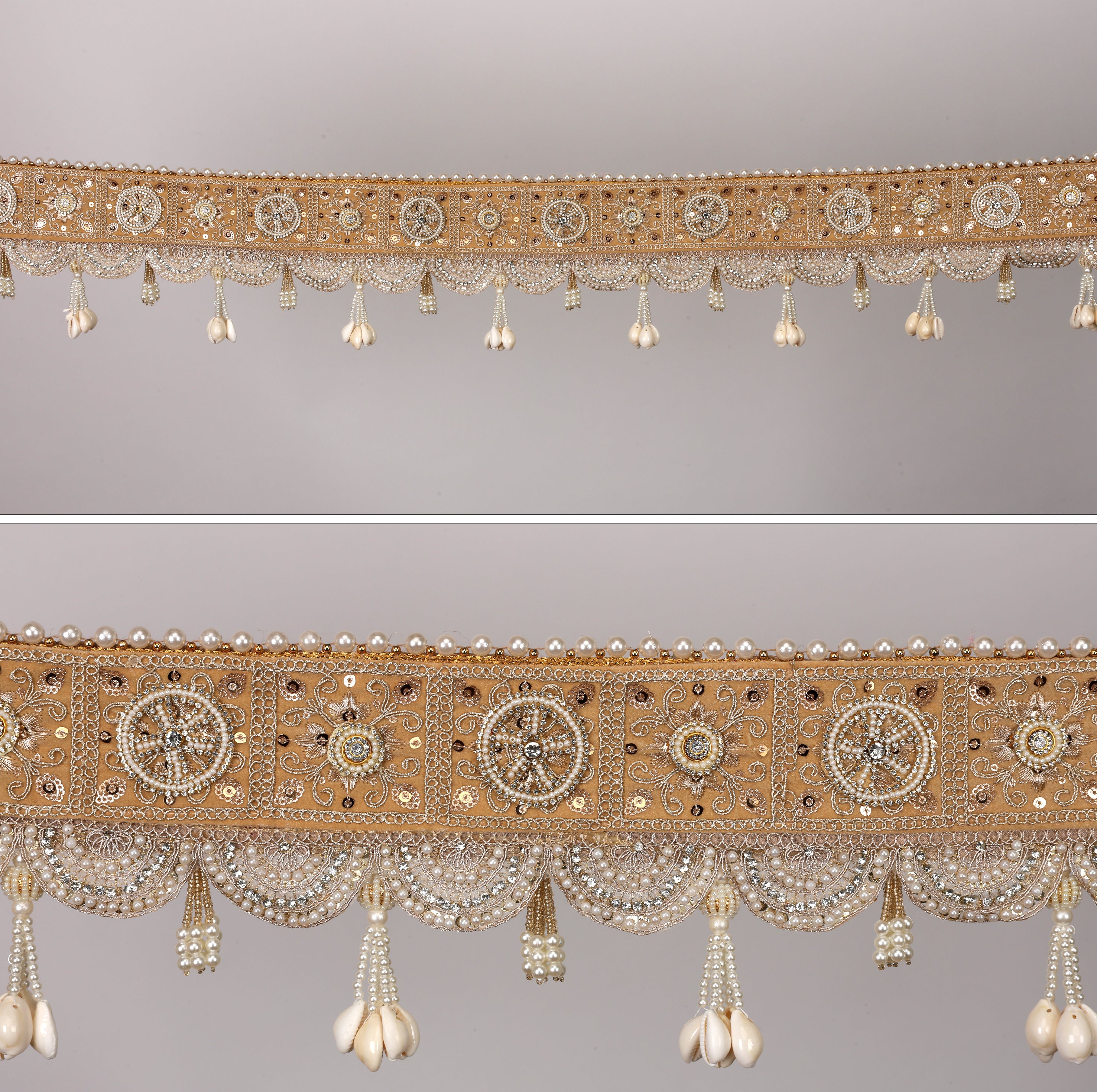 Heritage Harmony Toran – Traditional Golden & Pearl Door Hanging with Intricate Embroidery