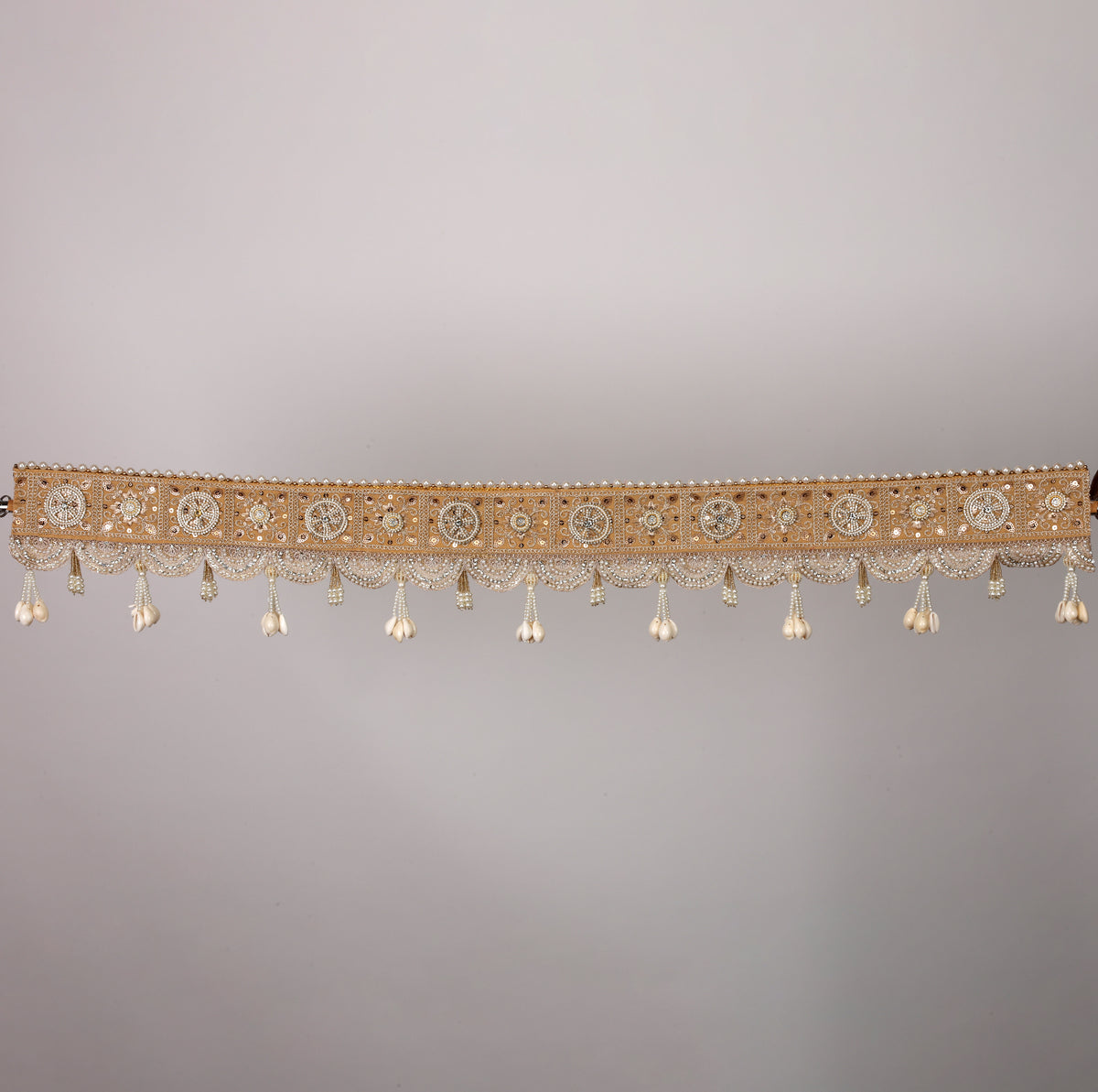 Heritage Harmony Toran – Traditional Golden & Pearl Door Hanging with Intricate Embroidery
