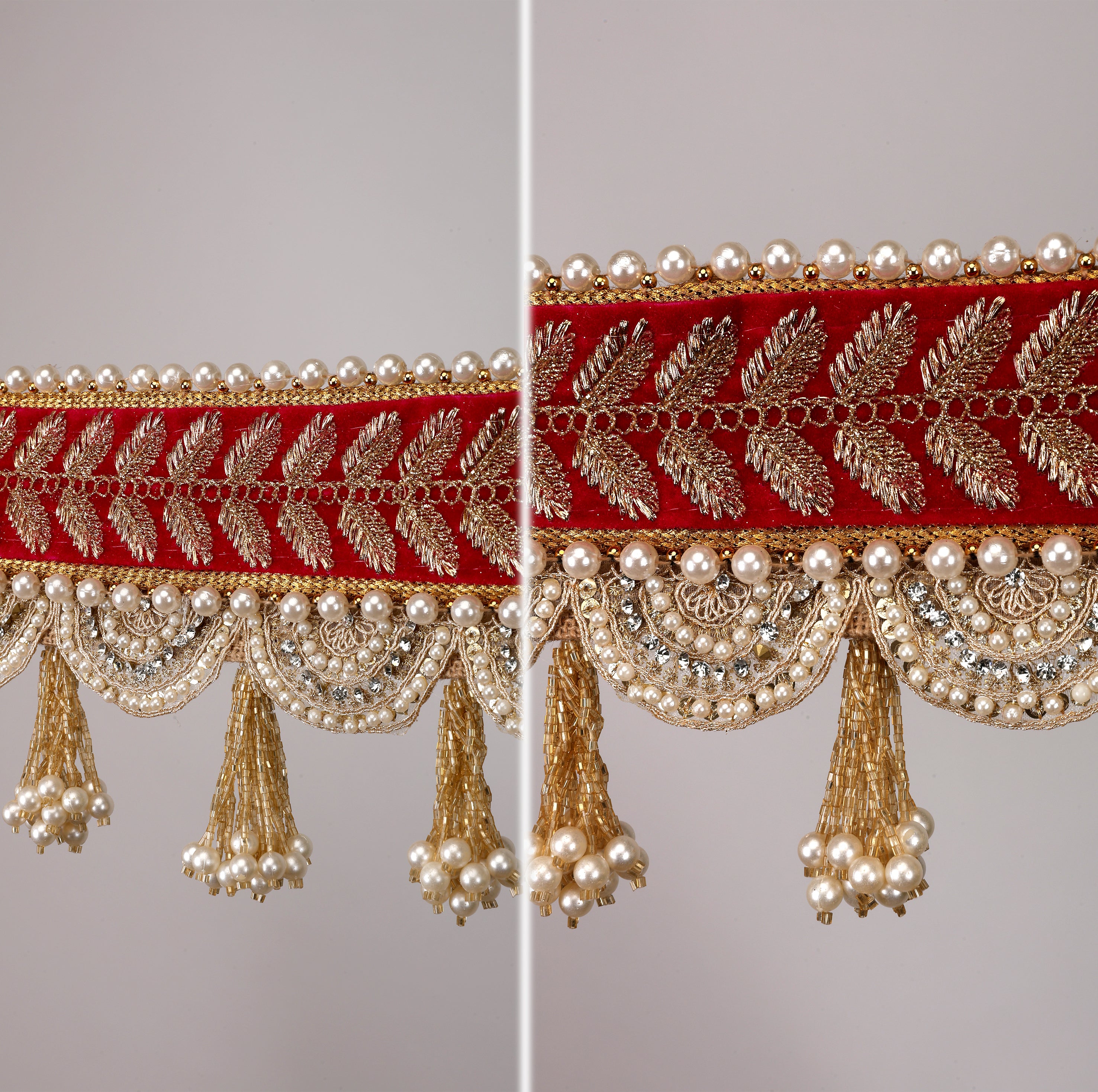 Rajwadi Red Toran – Traditional Door Hanging with Golden Embroidery & Pearl Tassels