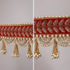 Rajwadi Red Toran – Traditional Door Hanging with Golden Embroidery & Pearl Tassels