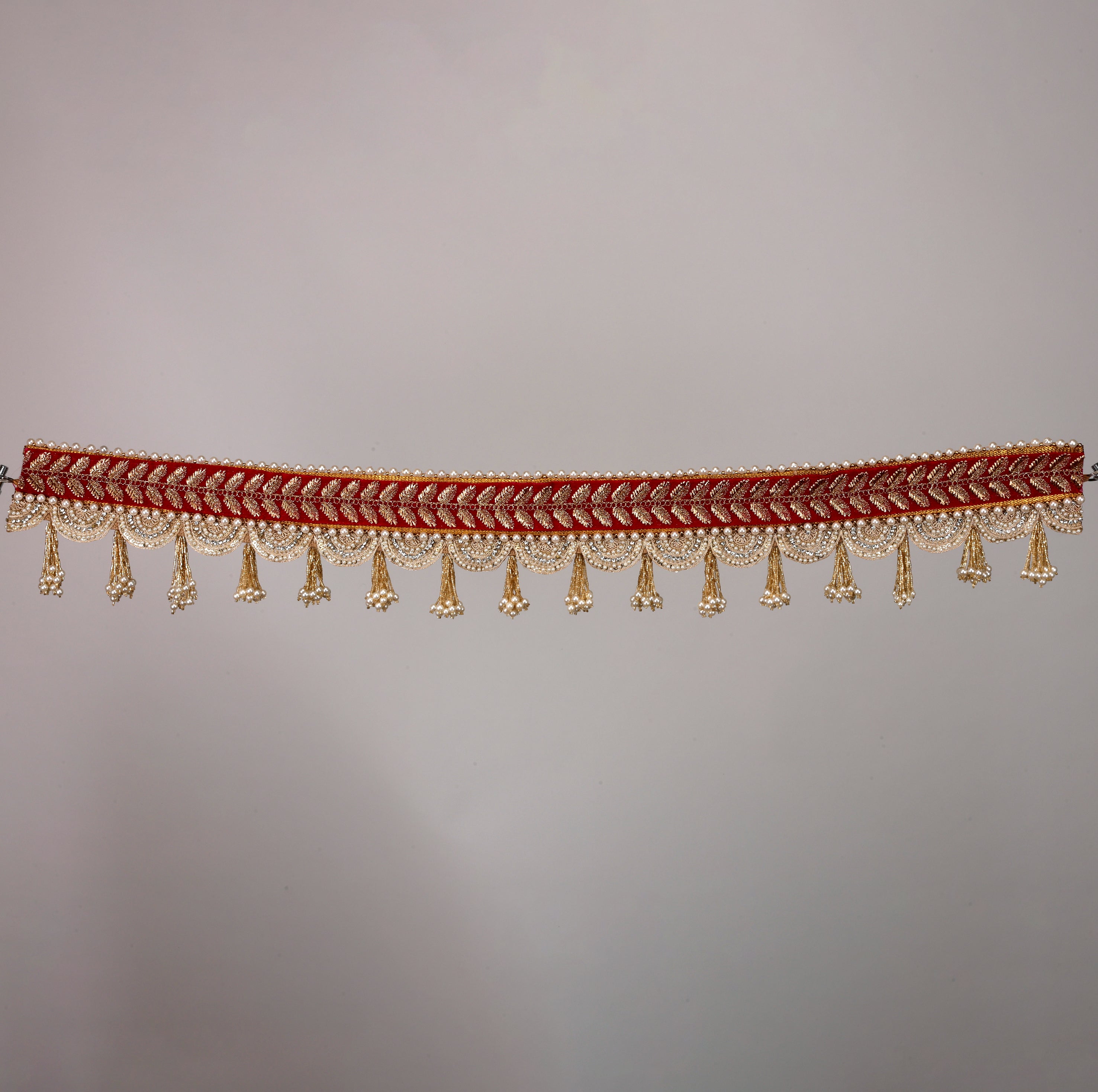 Rajwadi Red Toran – Traditional Door Hanging with Golden Embroidery & Pearl Tassels
