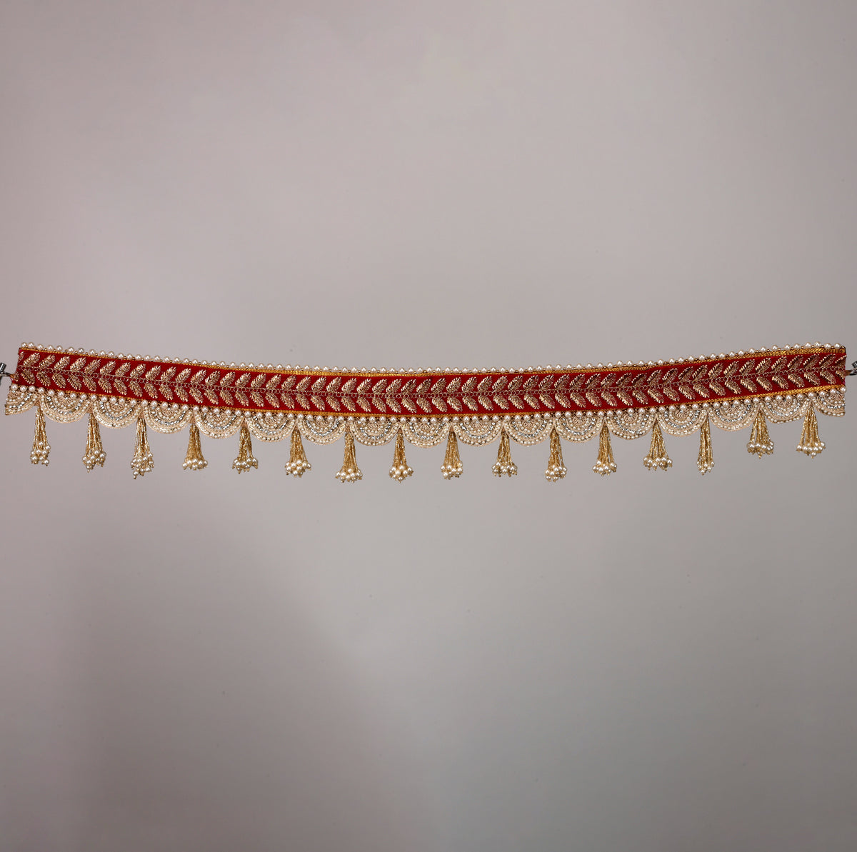 Rajwadi Red Toran – Traditional Door Hanging with Golden Embroidery & Pearl Tassels